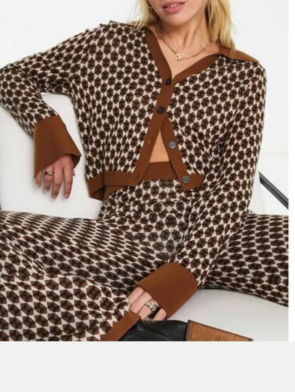 & Other Stories Brown Geo-Print Cropped Wool Sweater Cardigan Sz Large